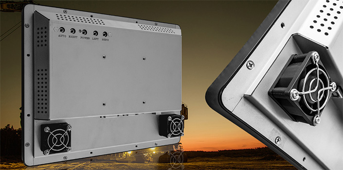 Промышленный сенсорный монитор TGM12RPE(HB) 12 дюймов, вид сзади: металлический корпус, система активного охлаждения с вентилятором