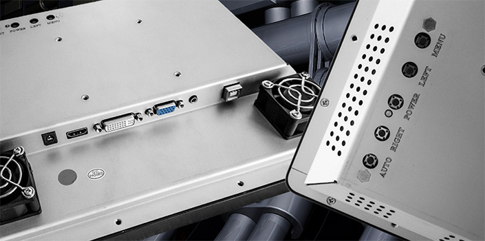 Сенсорный монитор TGM12RPE(HB) 12 дюймов, вид сбоку и крупным планом: разъёмы HDMI, VGA, USB, отверстия VESA для крепления