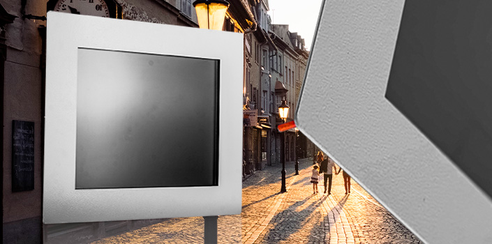 Акустический монитор для монтажа снаружи Акустический мультитач-монитор Easy Mount, вид спереди и лицевая рамка